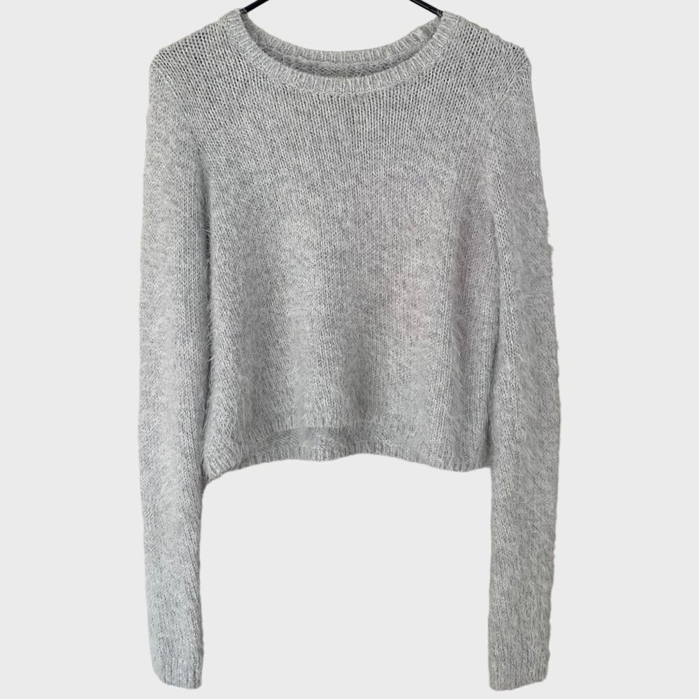 Abercrombie & Fitch Cropped Fuzzy Sweater Women's Medium Gray Metallic Pullover